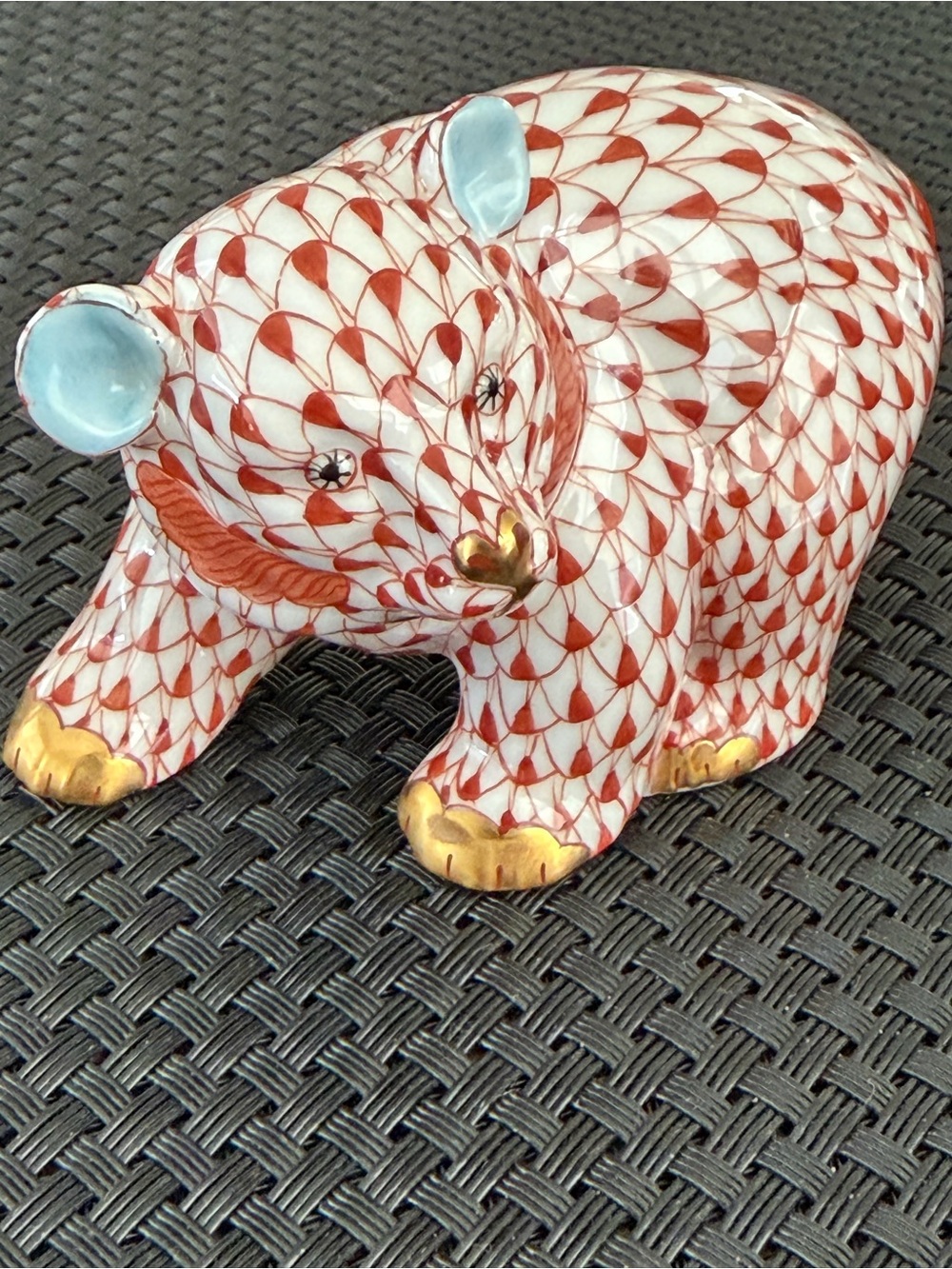 Herend Hungary Rust Red Fishnet Walking Bear Figurine with 24k Gold Accents